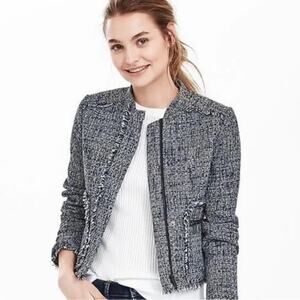 Banana Republic Navy White Tweed Raw Edge Hem Blazer Zip Up Jacket